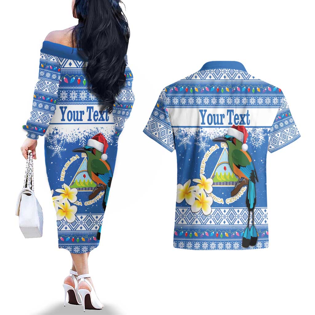 Personalized Nicaragua Christmas Couples Matching Off The Shoulder Long Sleeve Dress and Hawaiian Shirt Turquoise-Browed Motmot With Coat Of Arms - Wonder Print Shop