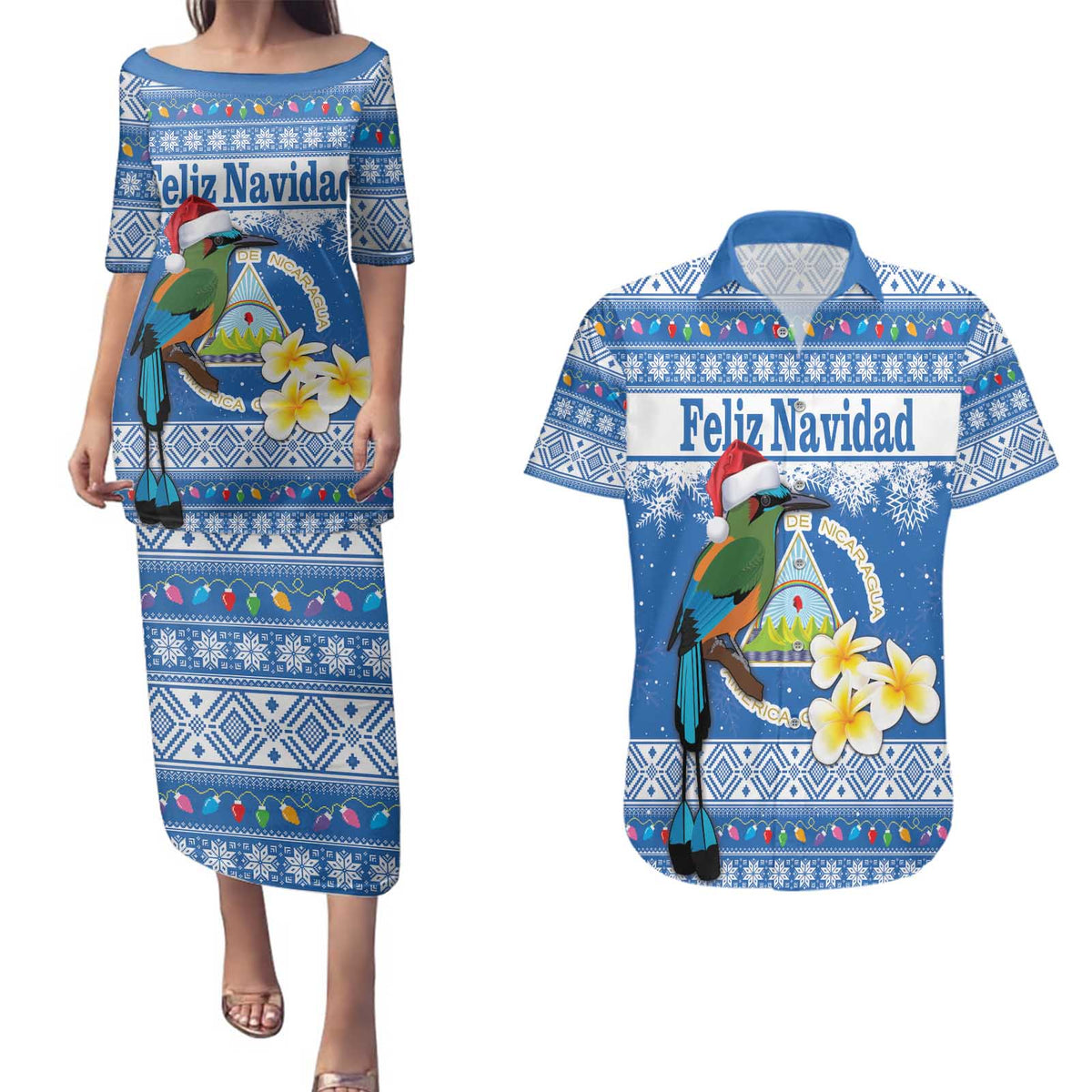 Personalized Nicaragua Christmas Couples Matching Puletasi and Hawaiian Shirt Turquoise-Browed Motmot With Coat Of Arms - Wonder Print Shop