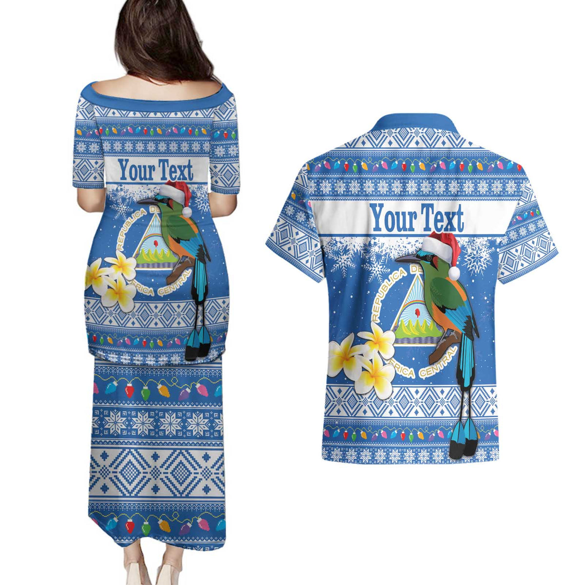 Personalized Nicaragua Christmas Couples Matching Puletasi and Hawaiian Shirt Turquoise-Browed Motmot With Coat Of Arms - Wonder Print Shop