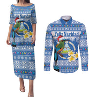 Personalized Nicaragua Christmas Couples Matching Puletasi and Long Sleeve Button Shirt Turquoise-Browed Motmot With Coat Of Arms - Wonder Print Shop