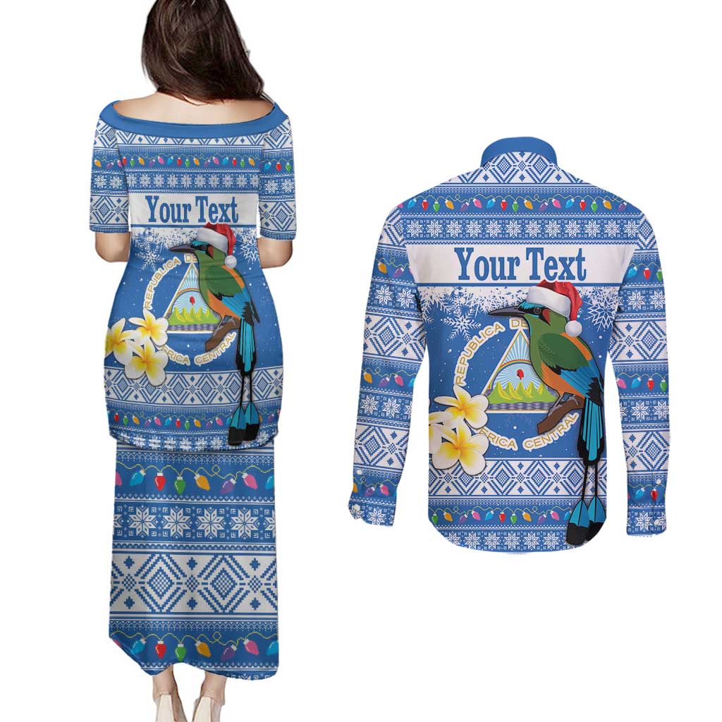 Personalized Nicaragua Christmas Couples Matching Puletasi and Long Sleeve Button Shirt Turquoise-Browed Motmot With Coat Of Arms - Wonder Print Shop