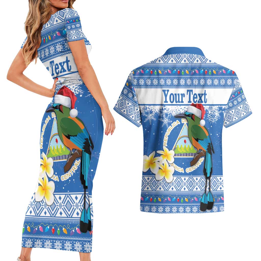 Personalized Nicaragua Christmas Couples Matching Short Sleeve Bodycon Dress and Hawaiian Shirt Turquoise-Browed Motmot With Coat Of Arms - Wonder Print Shop