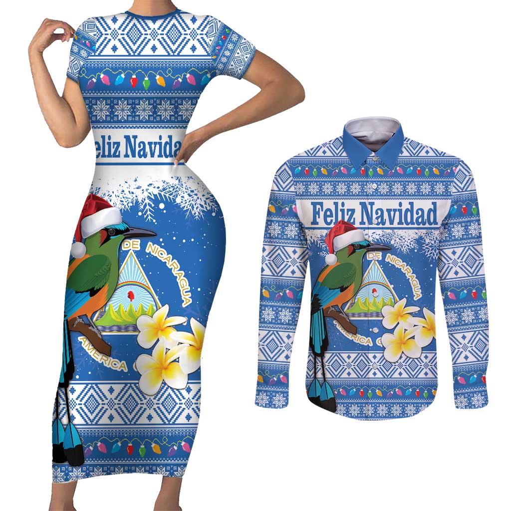Personalized Nicaragua Christmas Couples Matching Short Sleeve Bodycon Dress and Long Sleeve Button Shirt Turquoise-Browed Motmot With Coat Of Arms - Wonder Print Shop