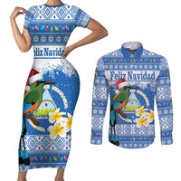Personalized Nicaragua Christmas Couples Matching Short Sleeve Bodycon Dress and Long Sleeve Button Shirt Turquoise-Browed Motmot With Coat Of Arms - Wonder Print Shop