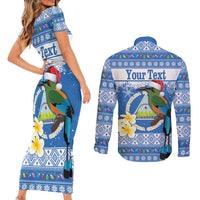 Personalized Nicaragua Christmas Couples Matching Short Sleeve Bodycon Dress and Long Sleeve Button Shirt Turquoise-Browed Motmot With Coat Of Arms - Wonder Print Shop