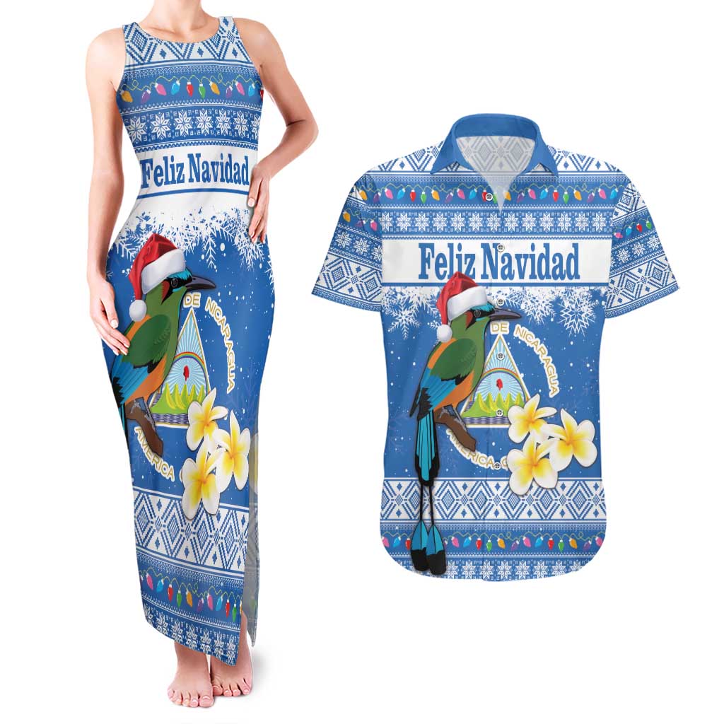Personalized Nicaragua Christmas Couples Matching Tank Maxi Dress and Hawaiian Shirt Turquoise-Browed Motmot With Coat Of Arms - Wonder Print Shop