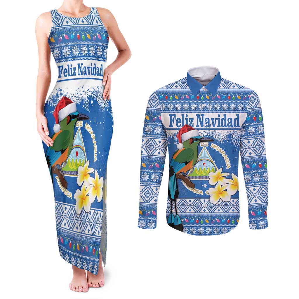 Personalized Nicaragua Christmas Couples Matching Tank Maxi Dress and Long Sleeve Button Shirt Turquoise-Browed Motmot With Coat Of Arms - Wonder Print Shop