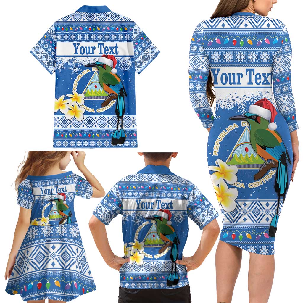 Personalized Nicaragua Christmas Family Matching Long Sleeve Bodycon Dress and Hawaiian Shirt Turquoise-Browed Motmot With Coat Of Arms - Wonder Print Shop