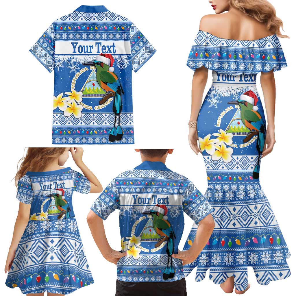 Personalized Nicaragua Christmas Family Matching Mermaid Dress and Hawaiian Shirt Turquoise-Browed Motmot With Coat Of Arms - Wonder Print Shop