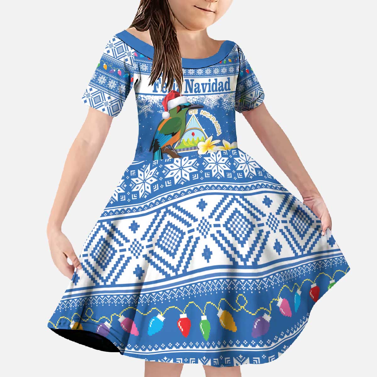 Personalized Nicaragua Christmas Family Matching Off The Shoulder Long Sleeve Dress and Hawaiian Shirt Turquoise-Browed Motmot With Coat Of Arms - Wonder Print Shop
