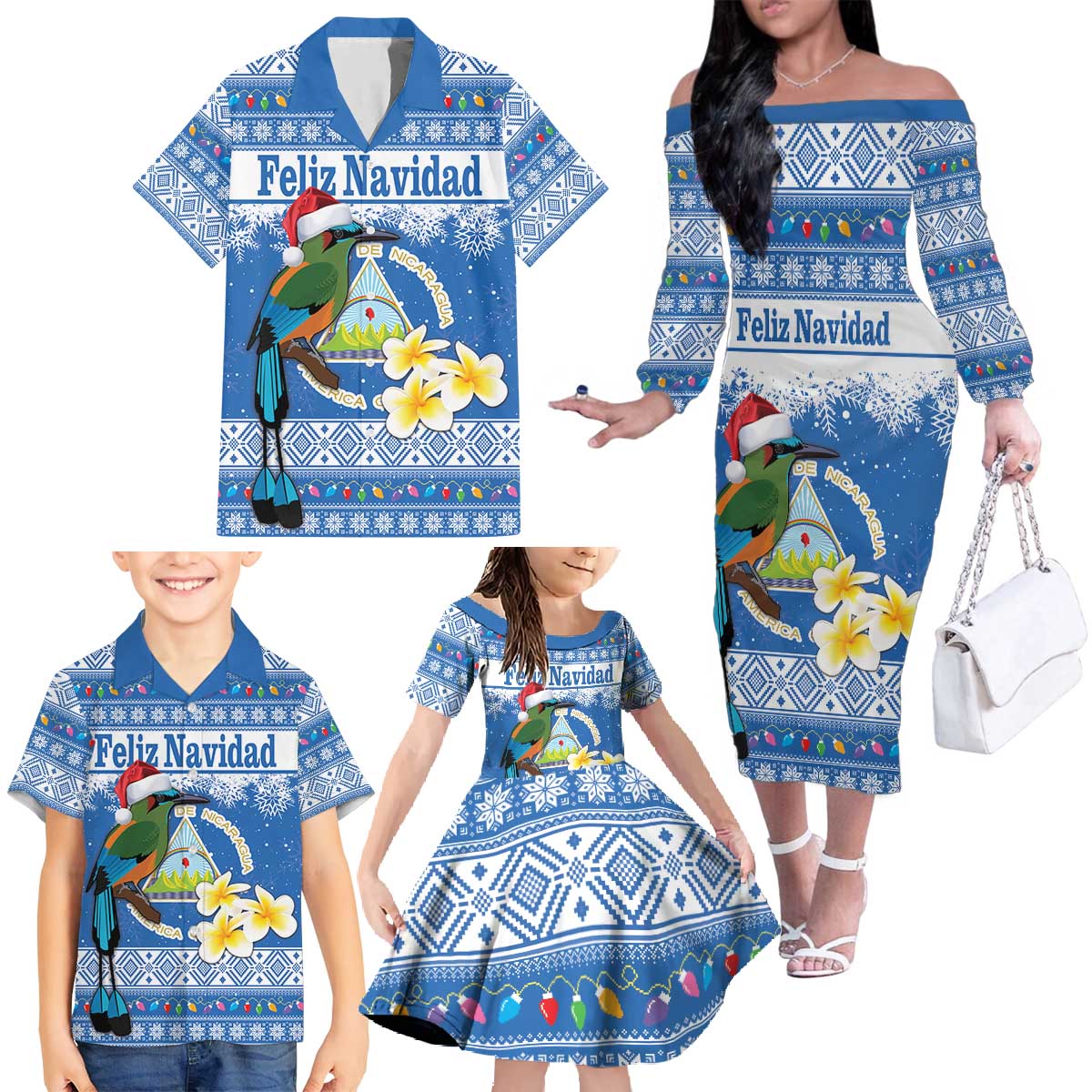 Personalized Nicaragua Christmas Family Matching Off The Shoulder Long Sleeve Dress and Hawaiian Shirt Turquoise-Browed Motmot With Coat Of Arms - Wonder Print Shop