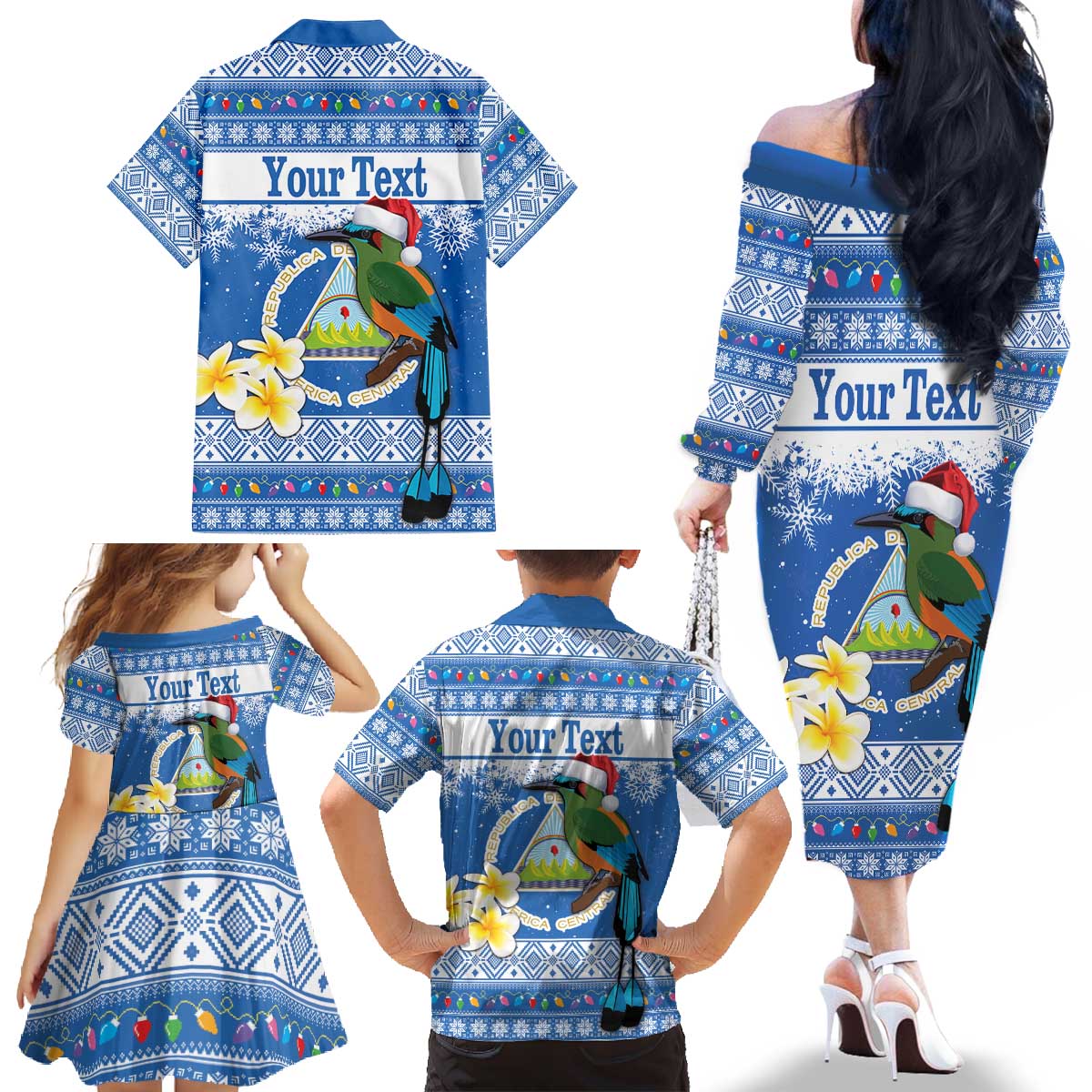 Personalized Nicaragua Christmas Family Matching Off The Shoulder Long Sleeve Dress and Hawaiian Shirt Turquoise-Browed Motmot With Coat Of Arms - Wonder Print Shop