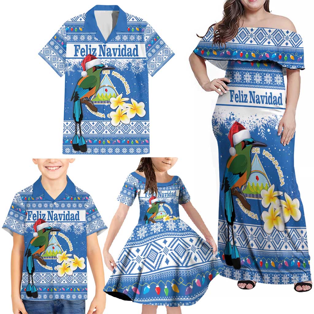 Personalized Nicaragua Christmas Family Matching Off Shoulder Maxi Dress and Hawaiian Shirt Turquoise-Browed Motmot With Coat Of Arms - Wonder Print Shop
