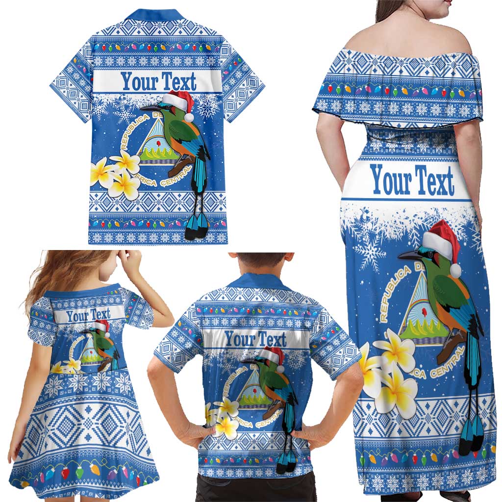 Personalized Nicaragua Christmas Family Matching Off Shoulder Maxi Dress and Hawaiian Shirt Turquoise-Browed Motmot With Coat Of Arms - Wonder Print Shop