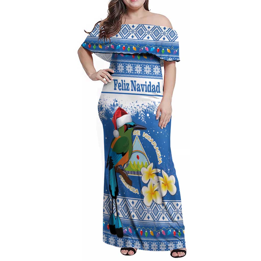 Personalized Nicaragua Christmas Family Matching Off Shoulder Maxi Dress and Hawaiian Shirt Turquoise-Browed Motmot With Coat Of Arms - Wonder Print Shop