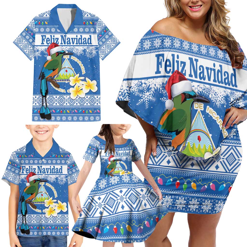 Personalized Nicaragua Christmas Family Matching Off Shoulder Short Dress and Hawaiian Shirt Turquoise-Browed Motmot With Coat Of Arms - Wonder Print Shop