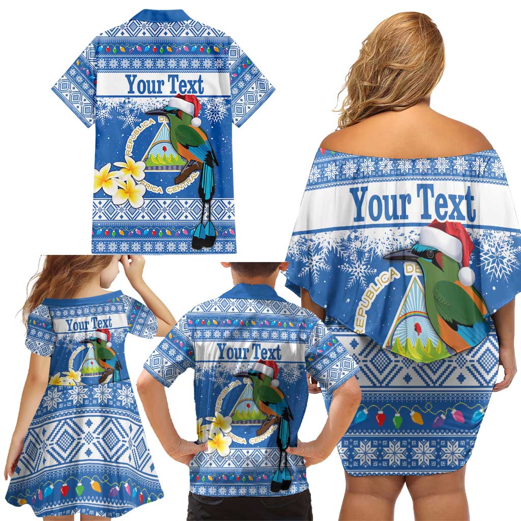 Personalized Nicaragua Christmas Family Matching Off Shoulder Short Dress and Hawaiian Shirt Turquoise-Browed Motmot With Coat Of Arms - Wonder Print Shop