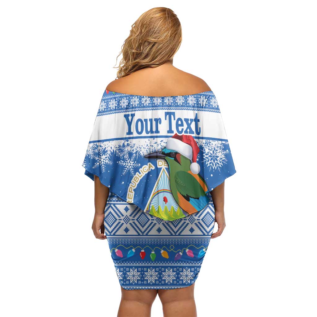 Personalized Nicaragua Christmas Family Matching Off Shoulder Short Dress and Hawaiian Shirt Turquoise-Browed Motmot With Coat Of Arms - Wonder Print Shop