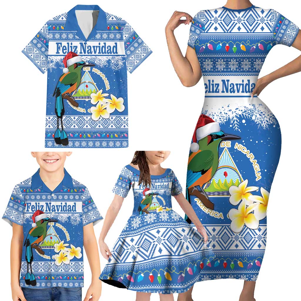 Personalized Nicaragua Christmas Family Matching Short Sleeve Bodycon Dress and Hawaiian Shirt Turquoise-Browed Motmot With Coat Of Arms - Wonder Print Shop