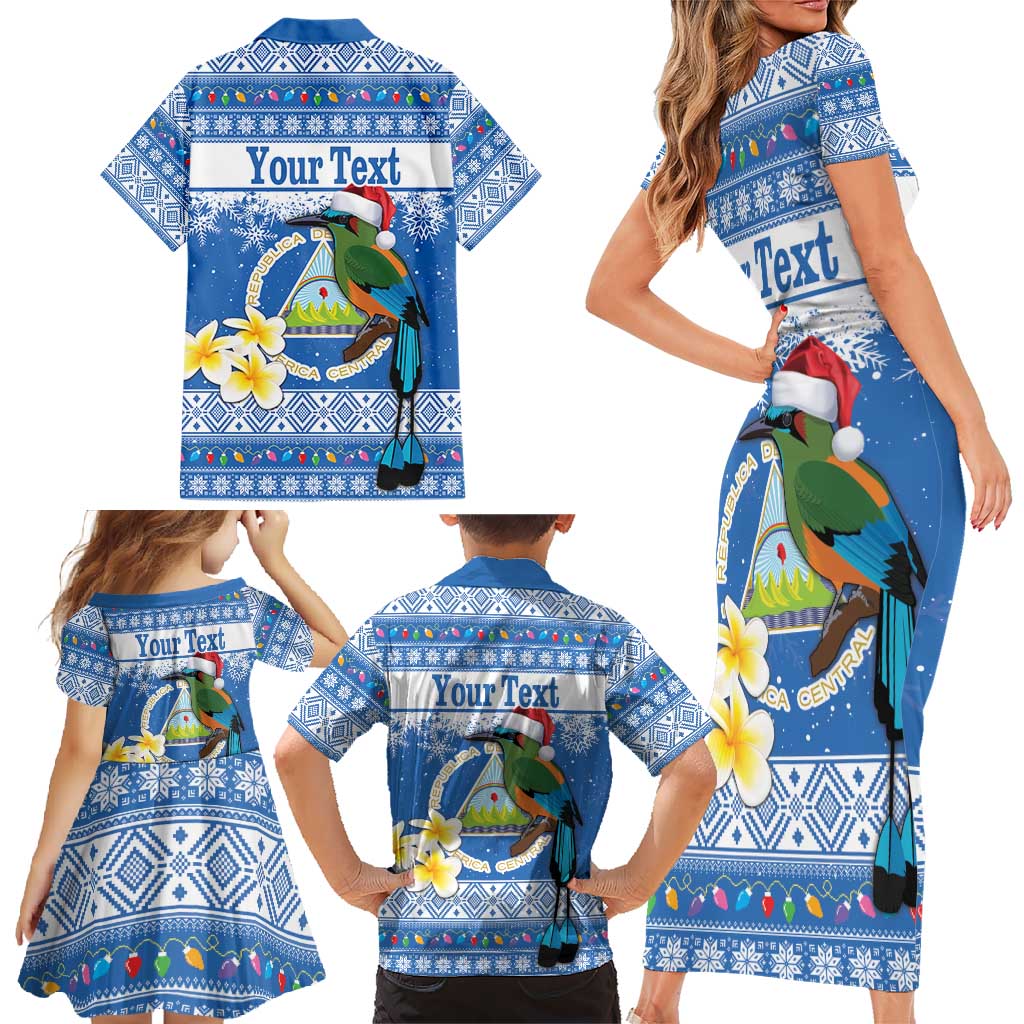 Personalized Nicaragua Christmas Family Matching Short Sleeve Bodycon Dress and Hawaiian Shirt Turquoise-Browed Motmot With Coat Of Arms - Wonder Print Shop