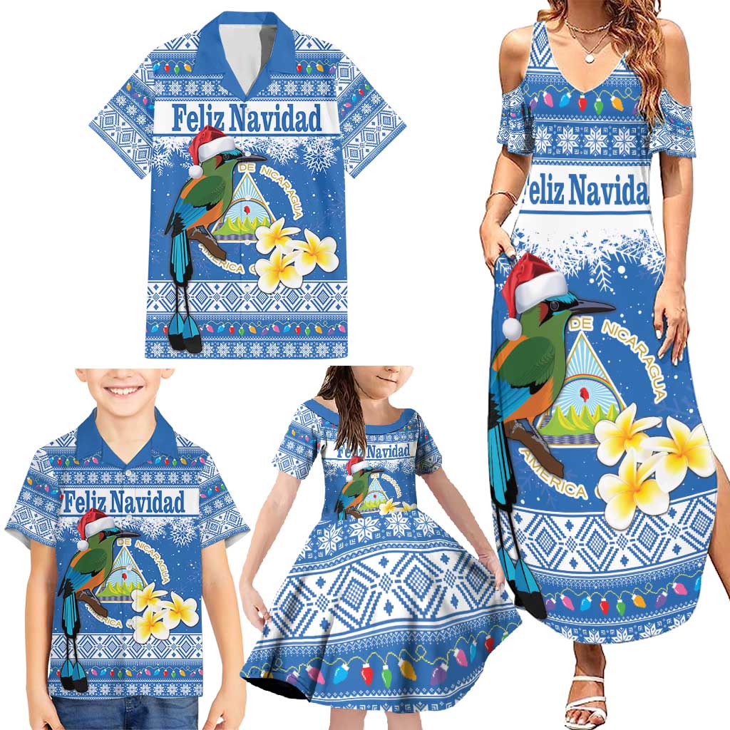 Personalized Nicaragua Christmas Family Matching Summer Maxi Dress and Hawaiian Shirt Turquoise-Browed Motmot With Coat Of Arms - Wonder Print Shop