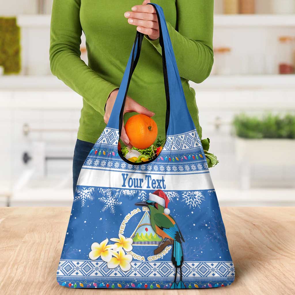 Personalized Nicaragua Christmas Grocery Bag Turquoise-Browed Motmot With Coat Of Arms