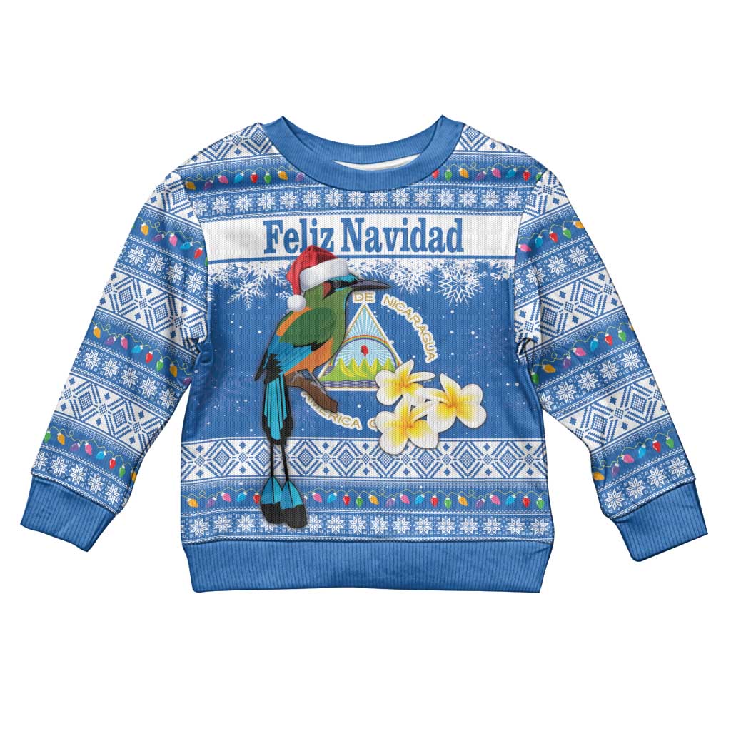 Personalized Nicaragua Christmas Kid Ugly Christmas Sweater Turquoise-Browed Motmot With Coat Of Arms - Wonder Print Shop
