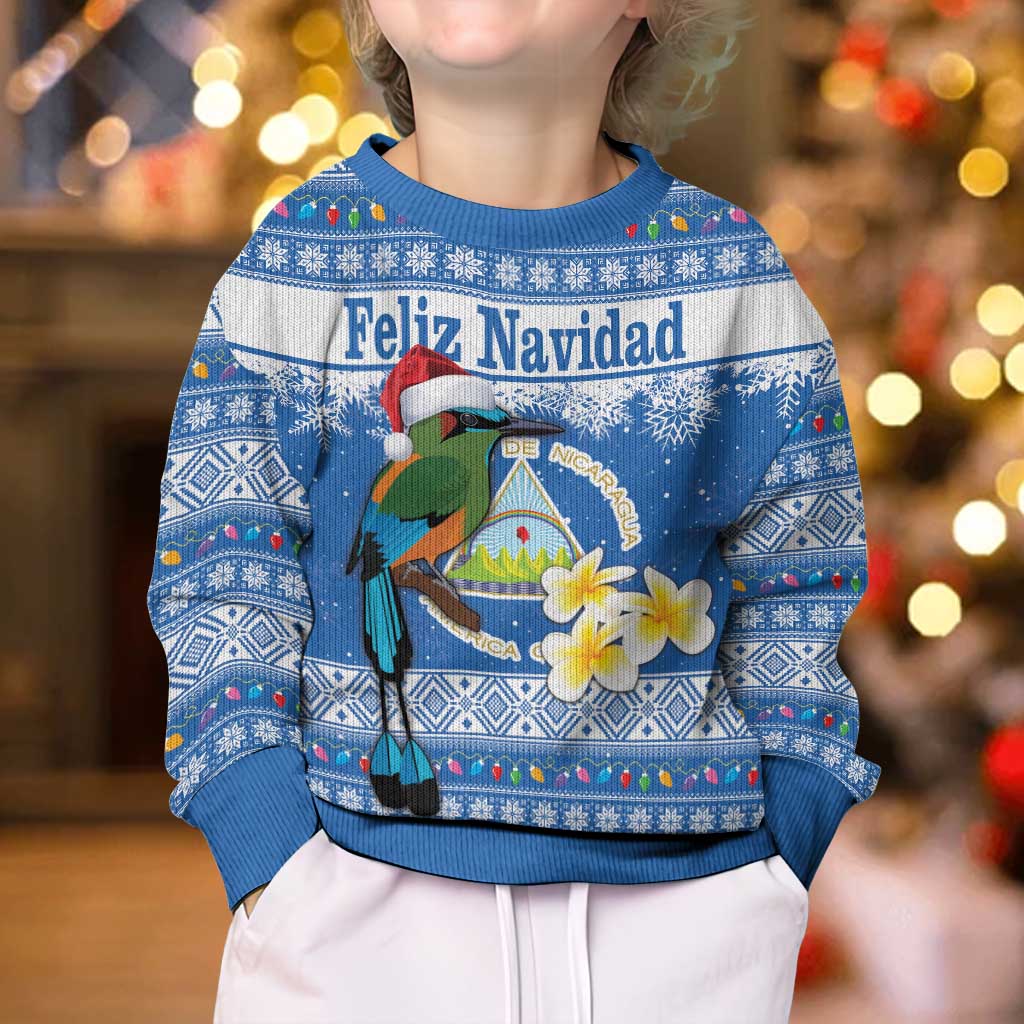 Personalized Nicaragua Christmas Kid Ugly Christmas Sweater Turquoise-Browed Motmot With Coat Of Arms - Wonder Print Shop