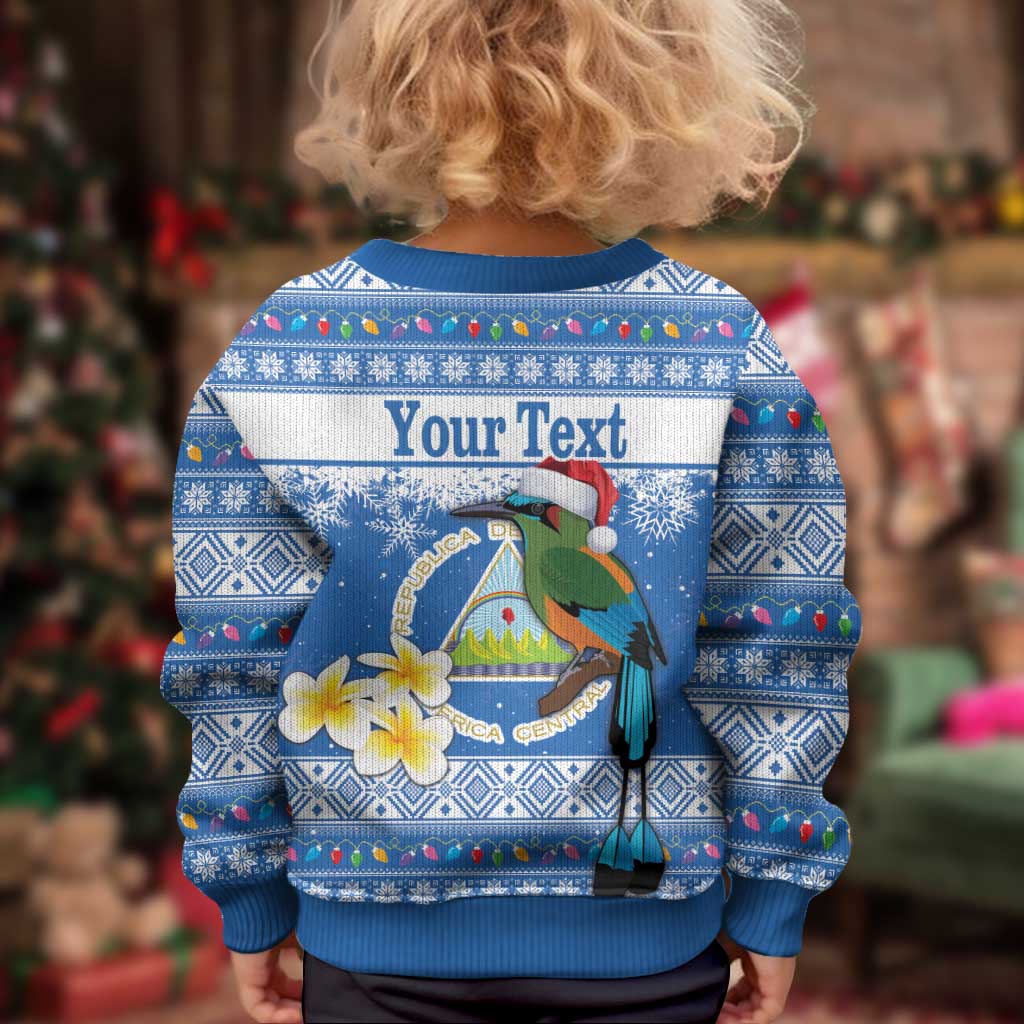 Personalized Nicaragua Christmas Kid Ugly Christmas Sweater Turquoise-Browed Motmot With Coat Of Arms - Wonder Print Shop