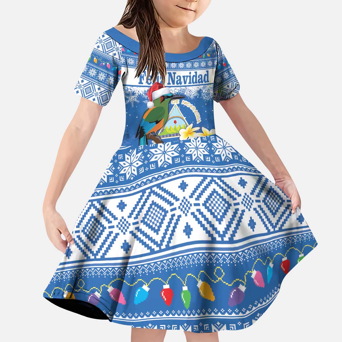 Personalized Nicaragua Christmas Kid Short Sleeve Dress Turquoise-Browed Motmot With Coat Of Arms - Wonder Print Shop