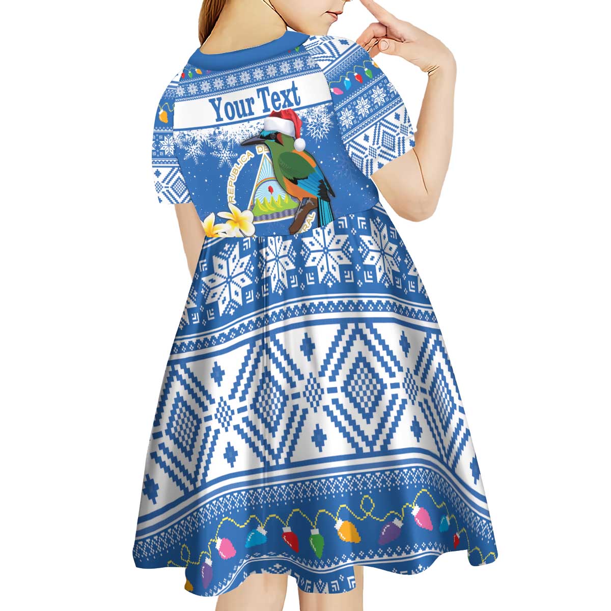 Personalized Nicaragua Christmas Kid Short Sleeve Dress Turquoise-Browed Motmot With Coat Of Arms - Wonder Print Shop