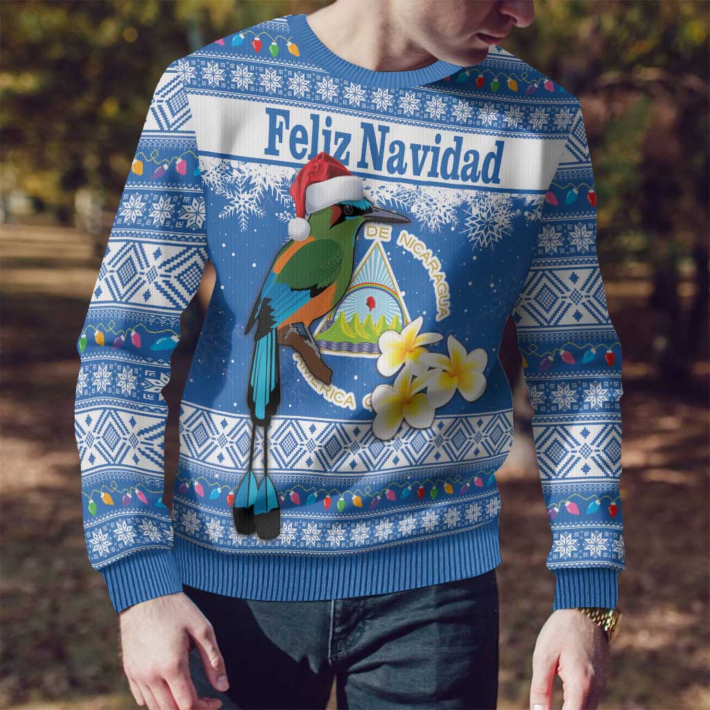Personalized Nicaragua Christmas Ugly Christmas Sweater Turquoise-Browed Motmot With Coat Of Arms - Wonder Print Shop