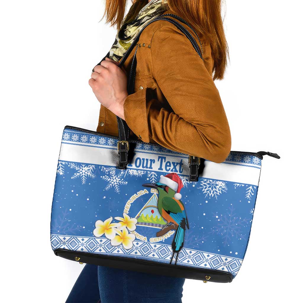 Personalized Nicaragua Christmas Leather Tote Bag Turquoise-Browed Motmot With Coat Of Arms - Wonder Print Shop