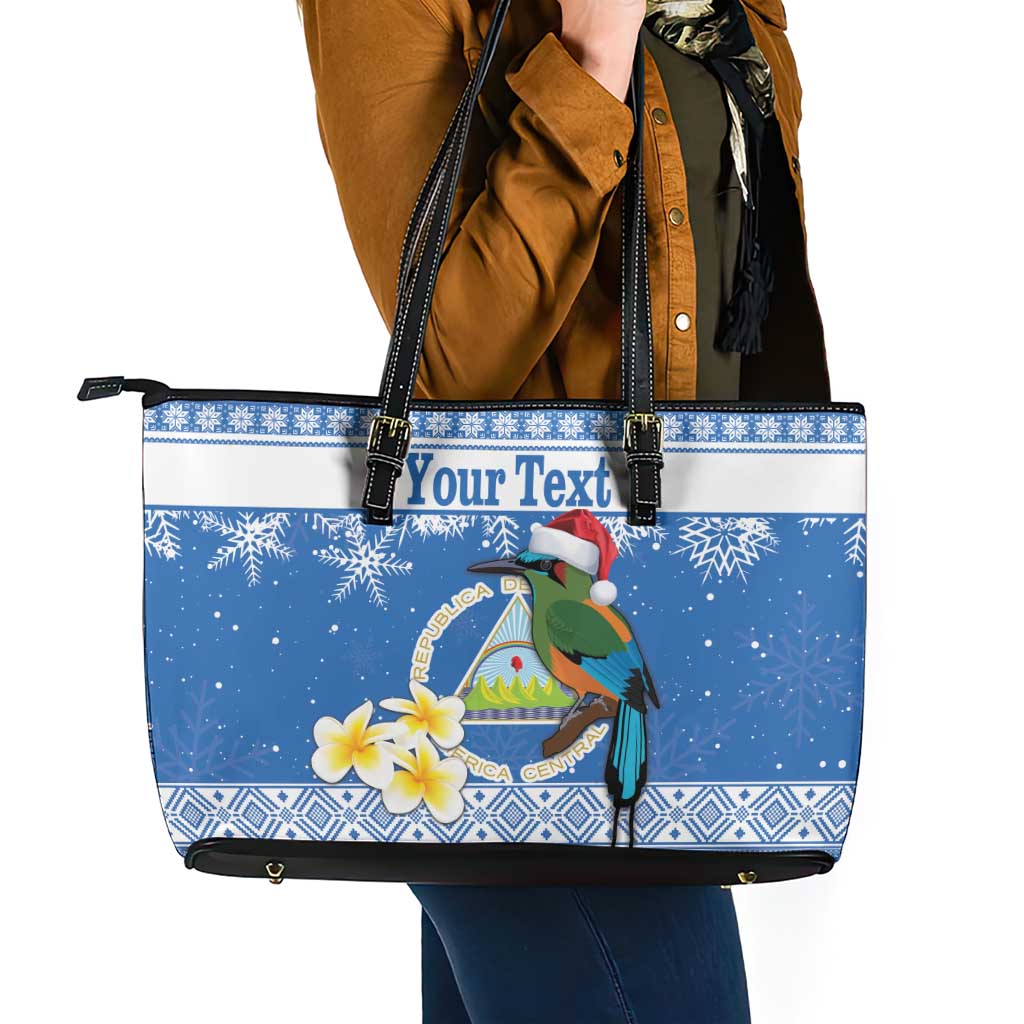 Personalized Nicaragua Christmas Leather Tote Bag Turquoise-Browed Motmot With Coat Of Arms - Wonder Print Shop