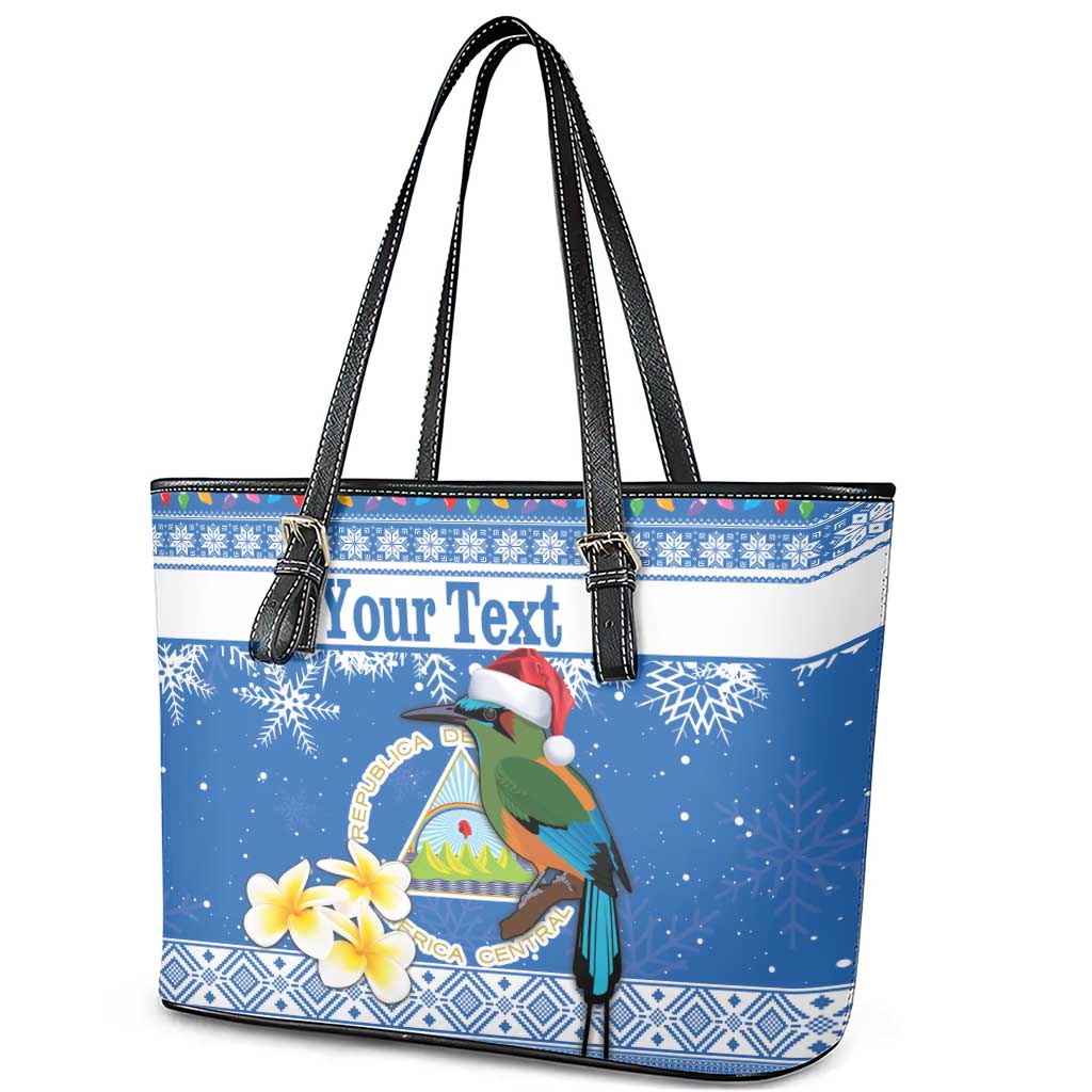 Personalized Nicaragua Christmas Leather Tote Bag Turquoise-Browed Motmot With Coat Of Arms - Wonder Print Shop