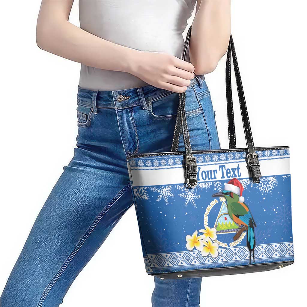 Personalized Nicaragua Christmas Leather Tote Bag Turquoise-Browed Motmot With Coat Of Arms - Wonder Print Shop