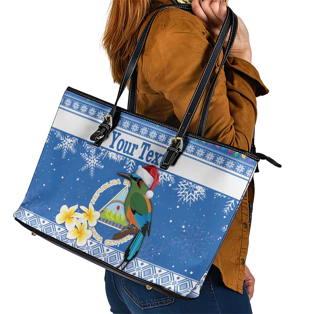 Personalized Nicaragua Christmas Leather Tote Bag Turquoise-Browed Motmot With Coat Of Arms - Wonder Print Shop