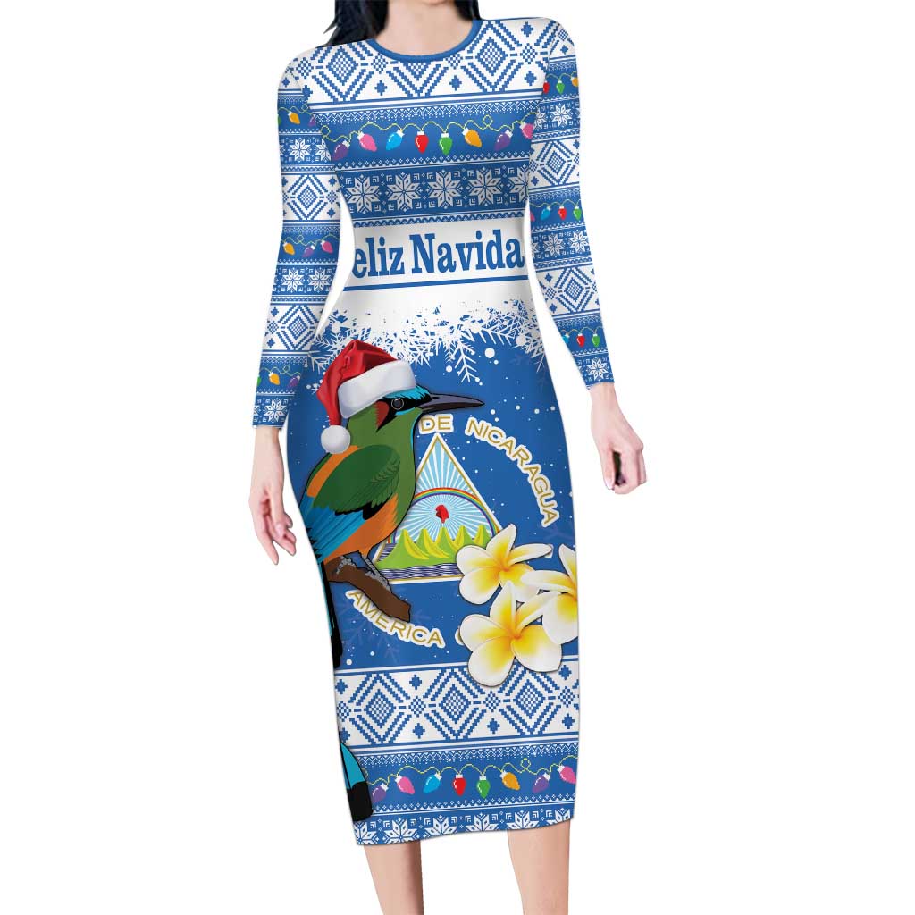 Personalized Nicaragua Christmas Long Sleeve Bodycon Dress Turquoise-Browed Motmot With Coat Of Arms - Wonder Print Shop