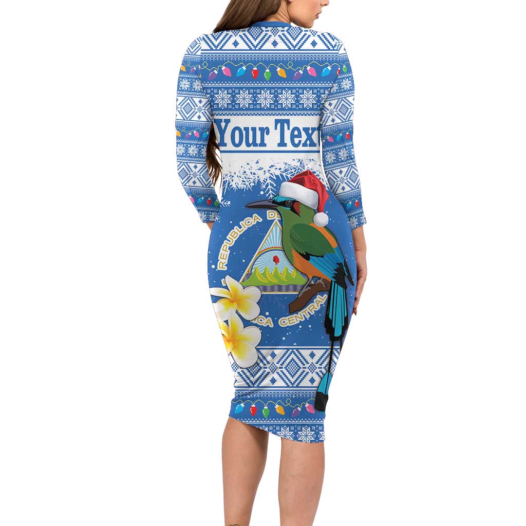 Personalized Nicaragua Christmas Long Sleeve Bodycon Dress Turquoise-Browed Motmot With Coat Of Arms - Wonder Print Shop