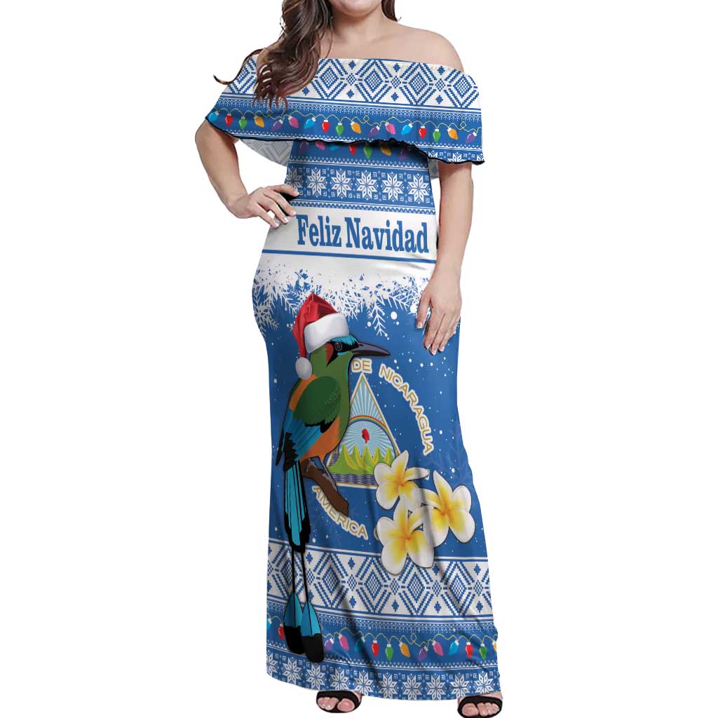 Personalized Nicaragua Christmas Off Shoulder Maxi Dress Turquoise-Browed Motmot With Coat Of Arms - Wonder Print Shop