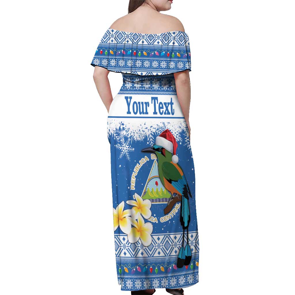 Personalized Nicaragua Christmas Off Shoulder Maxi Dress Turquoise-Browed Motmot With Coat Of Arms - Wonder Print Shop