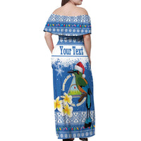 Personalized Nicaragua Christmas Off Shoulder Maxi Dress Turquoise-Browed Motmot With Coat Of Arms - Wonder Print Shop