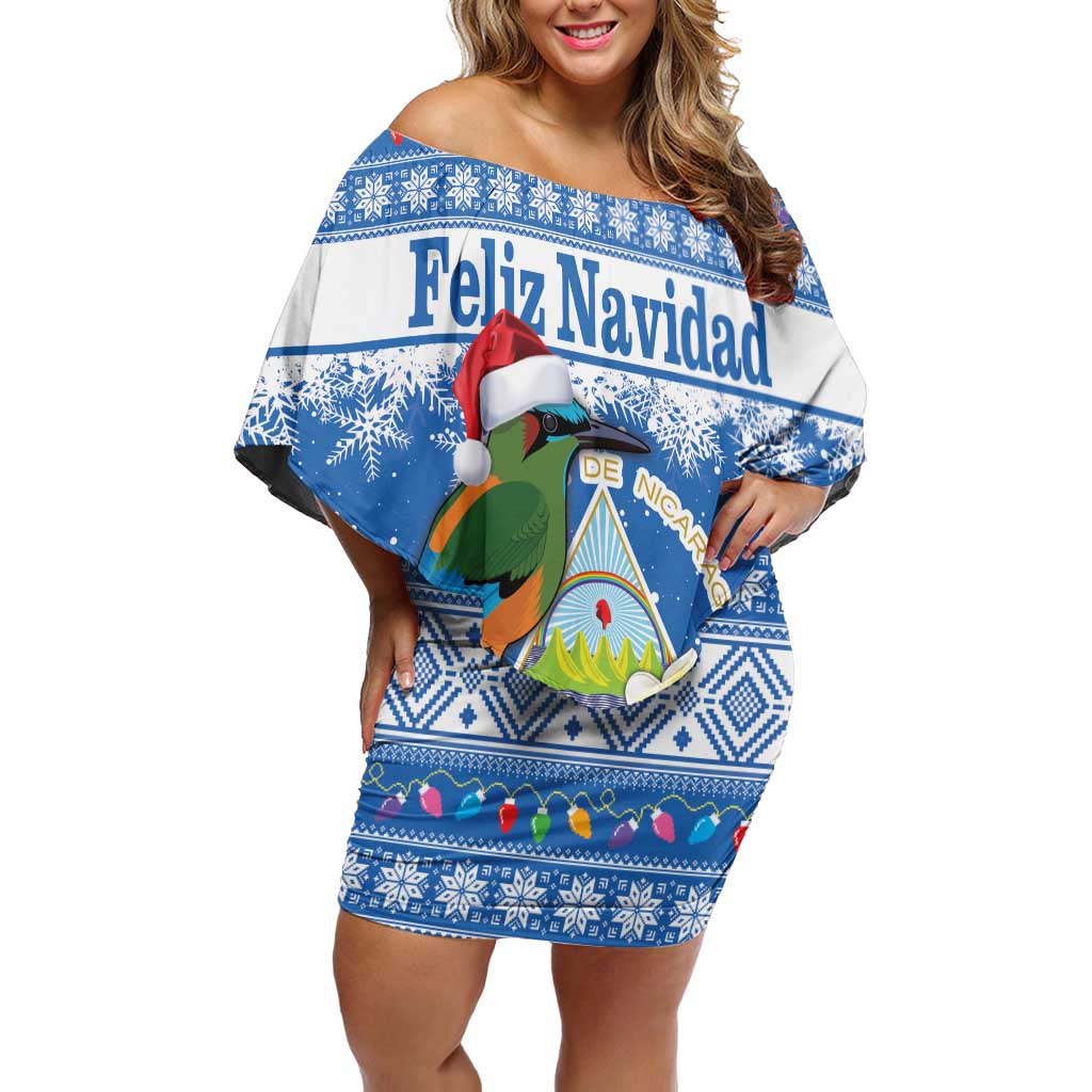 Personalized Nicaragua Christmas Off Shoulder Short Dress Turquoise-Browed Motmot With Coat Of Arms - Wonder Print Shop