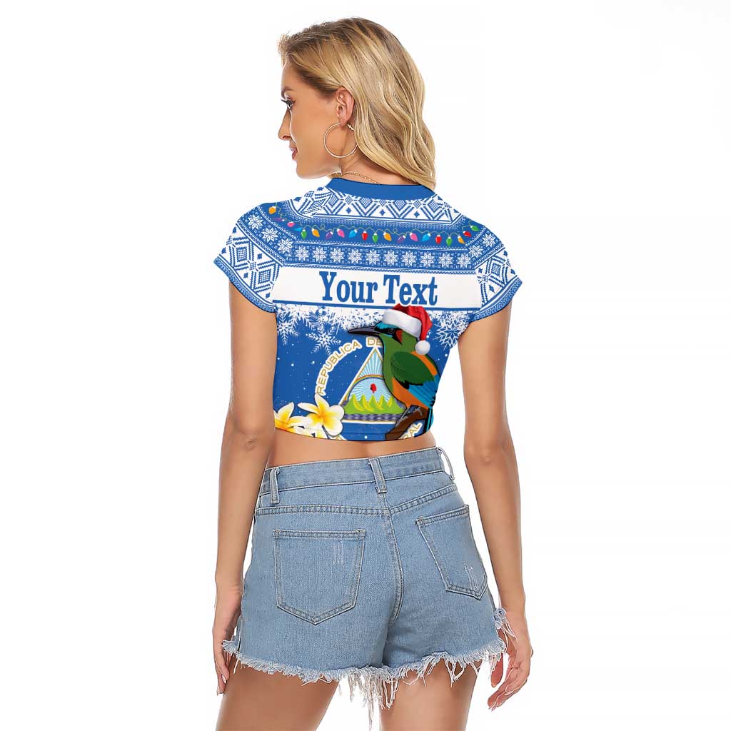 Personalized Nicaragua Christmas Raglan Cropped T Shirt Turquoise-Browed Motmot With Coat Of Arms - Wonder Print Shop