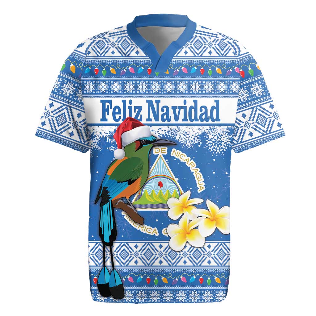 Personalized Nicaragua Christmas Rugby Jersey Turquoise-Browed Motmot With Coat Of Arms - Wonder Print Shop