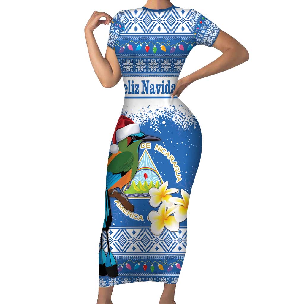 Personalized Nicaragua Christmas Short Sleeve Bodycon Dress Turquoise-Browed Motmot With Coat Of Arms - Wonder Print Shop