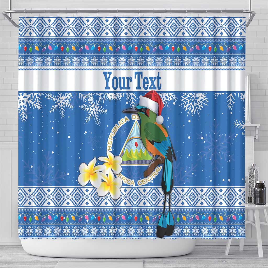 Personalized Nicaragua Christmas Shower Curtain Turquoise-Browed Motmot With Coat Of Arms