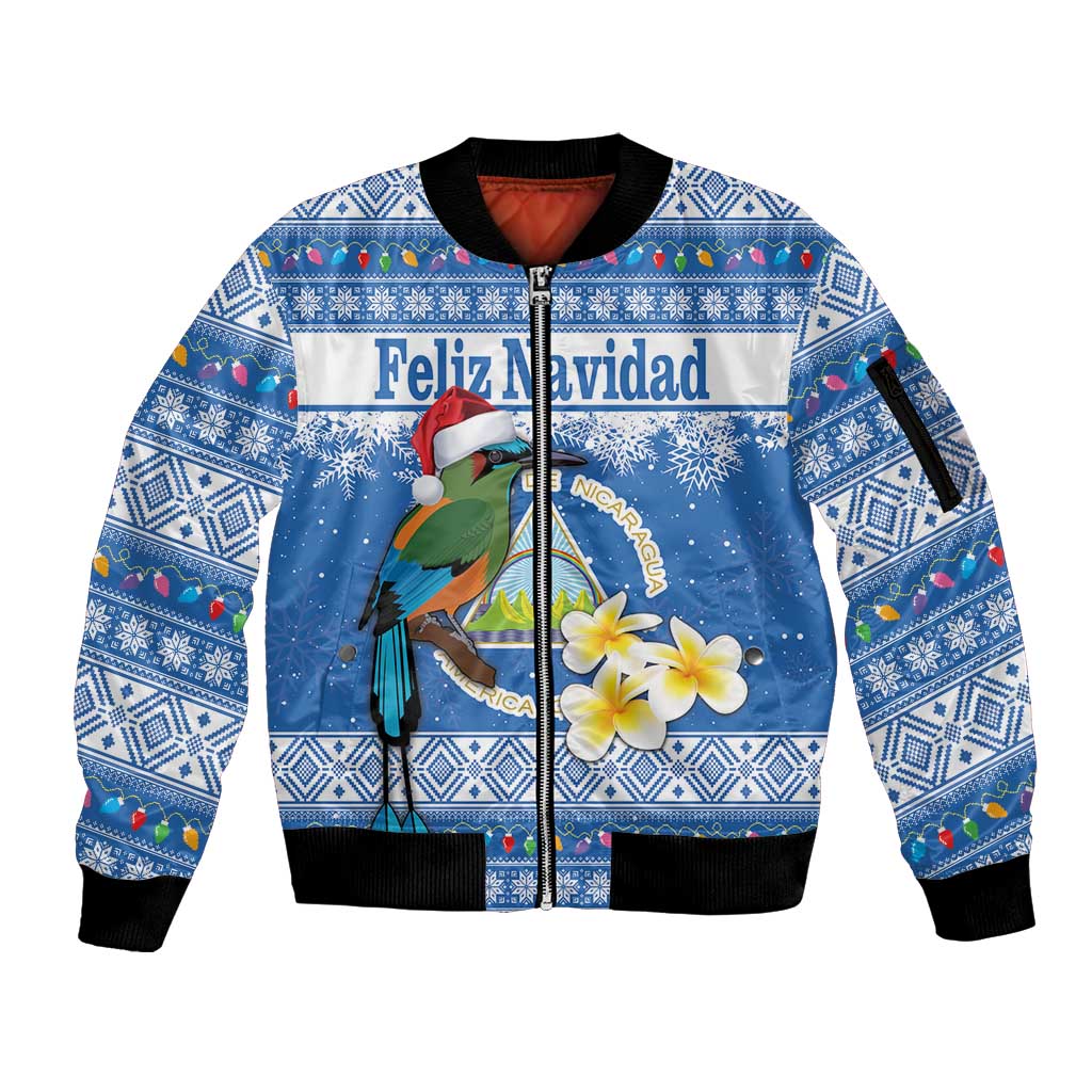 Personalized Nicaragua Christmas Sleeve Zip Bomber Jacket Turquoise-Browed Motmot With Coat Of Arms - Wonder Print Shop