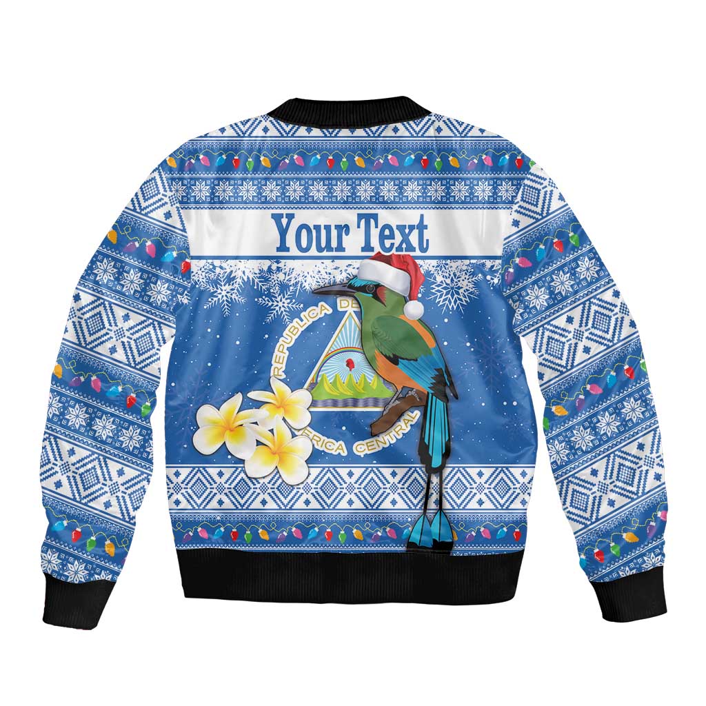 Personalized Nicaragua Christmas Sleeve Zip Bomber Jacket Turquoise-Browed Motmot With Coat Of Arms - Wonder Print Shop