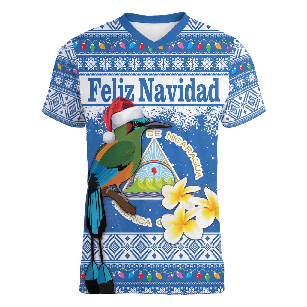 Personalized Nicaragua Christmas Women V-Neck T-Shirt Turquoise-Browed Motmot With Coat Of Arms - Wonder Print Shop